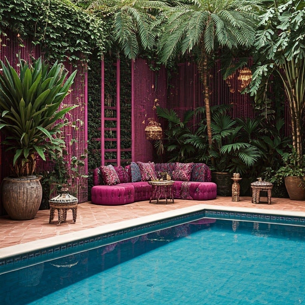 Boho Chic Courtyard with Pool in Vibrant Colors
