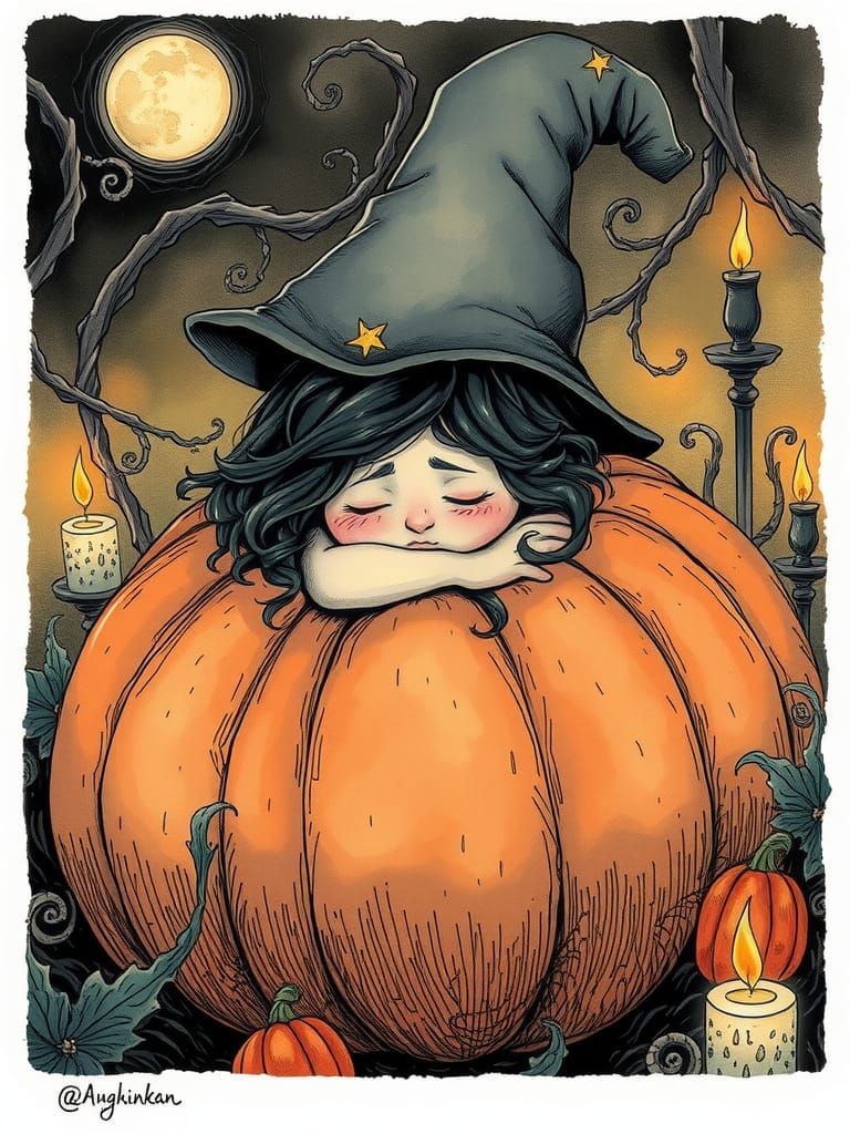 Cute Witch Sleeping on Pumpkin, Ink Art Style