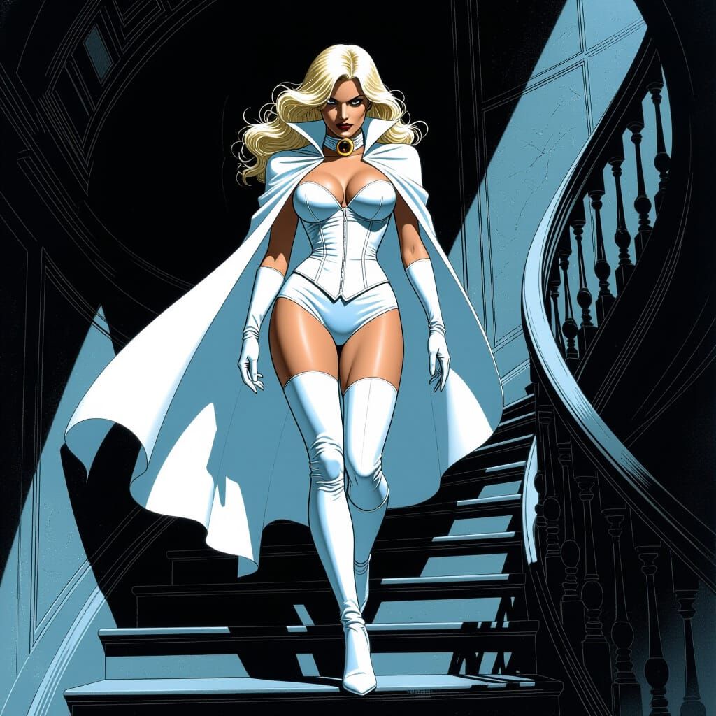 Emma Frost Descends Dark Staircase in Horror Pulp Style