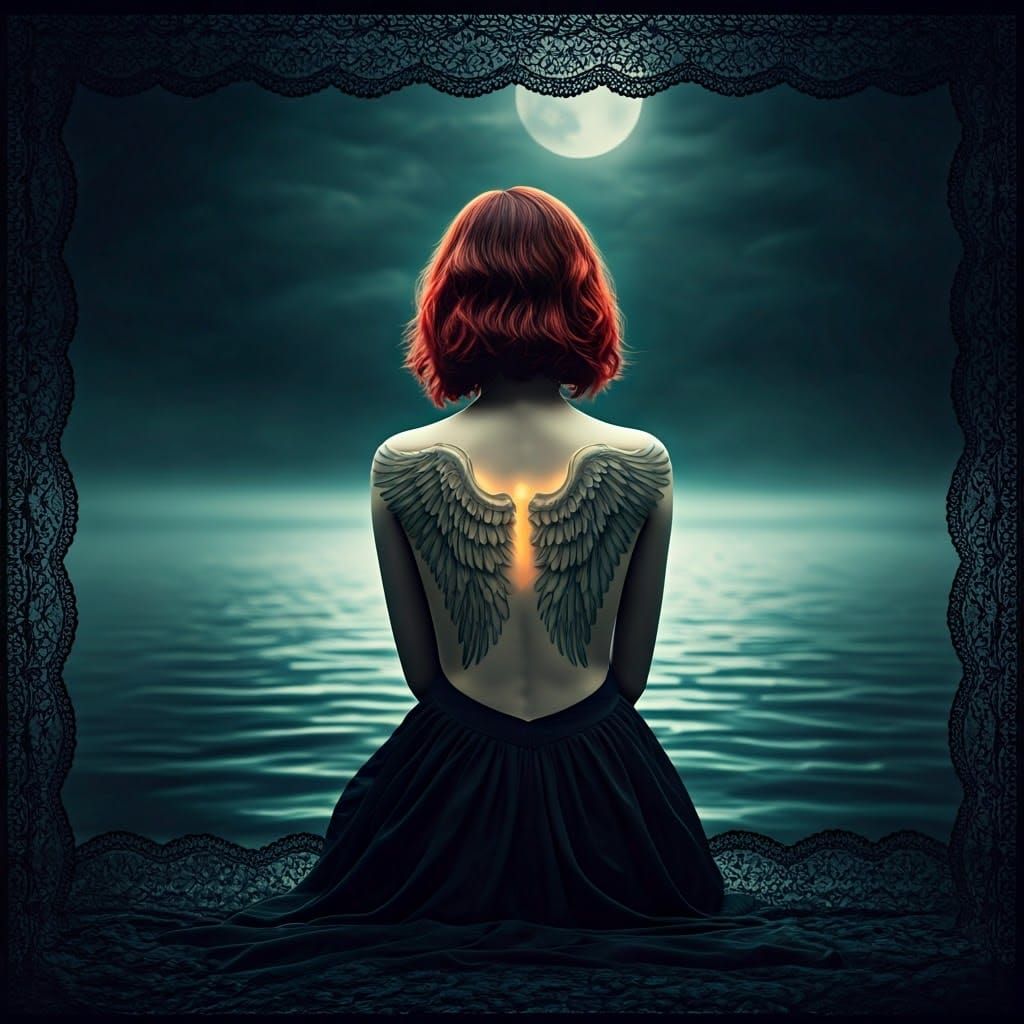 Sorceress with Angel Wings Tattoo by Moonlit Lake