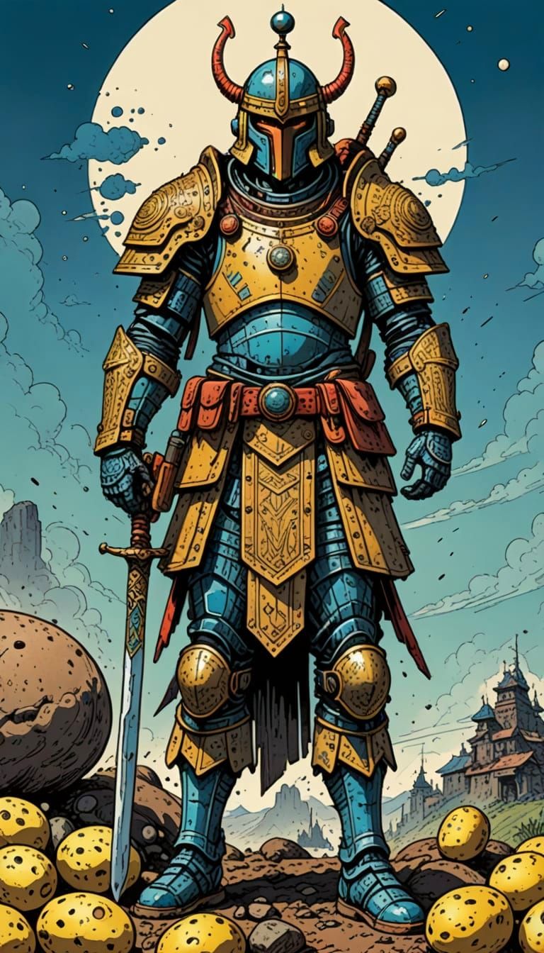 Vibrant Warrior in Moebius-Inspired Potato Armor