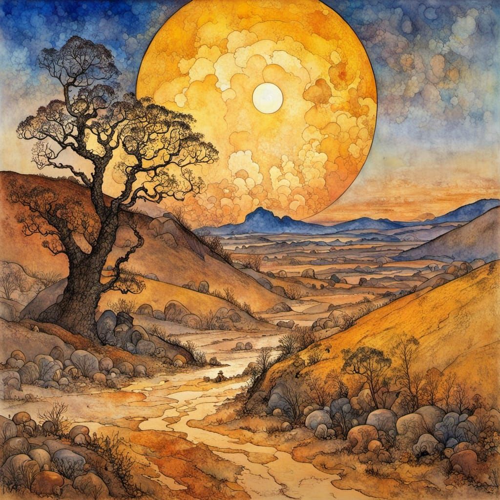Barren Landscape at Dawn in Detailed Alcohol Ink Style