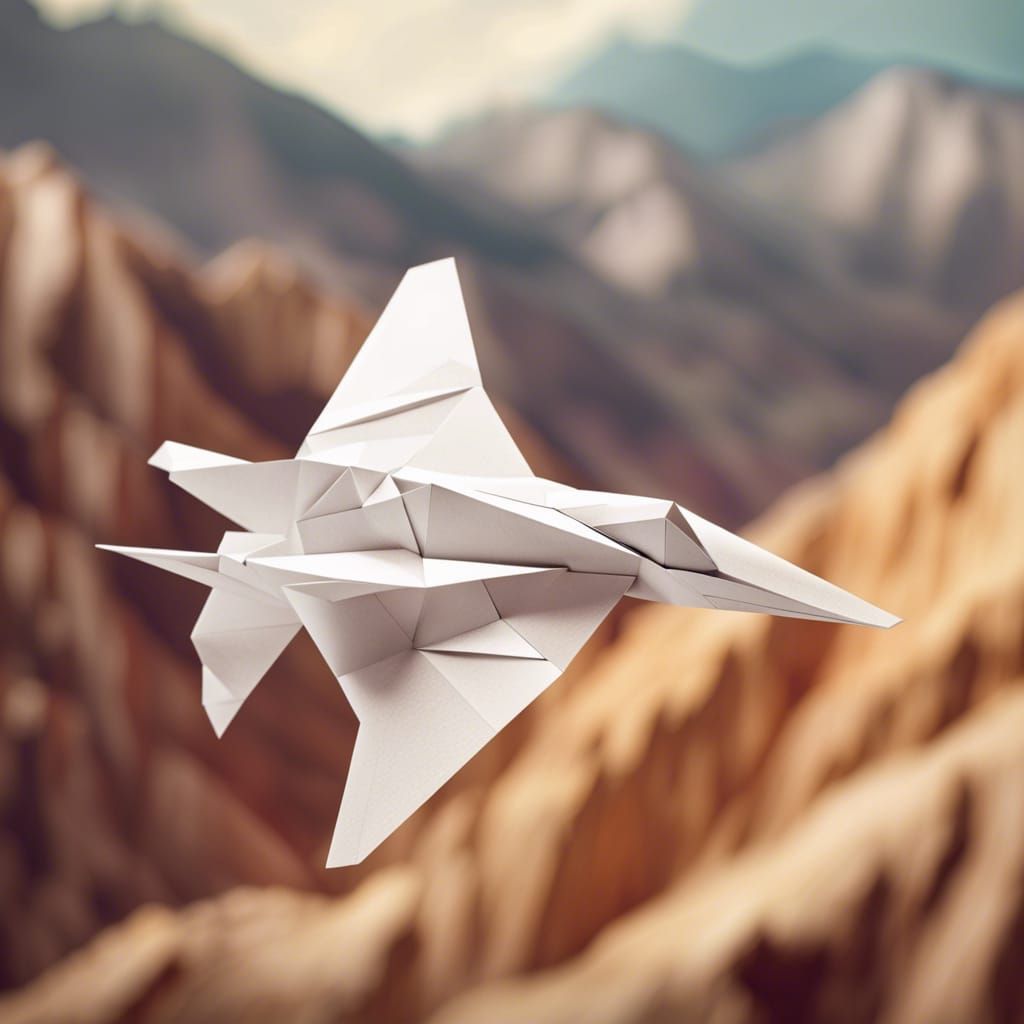 Origami Harrier Jumpjet Soaring Through Mountains