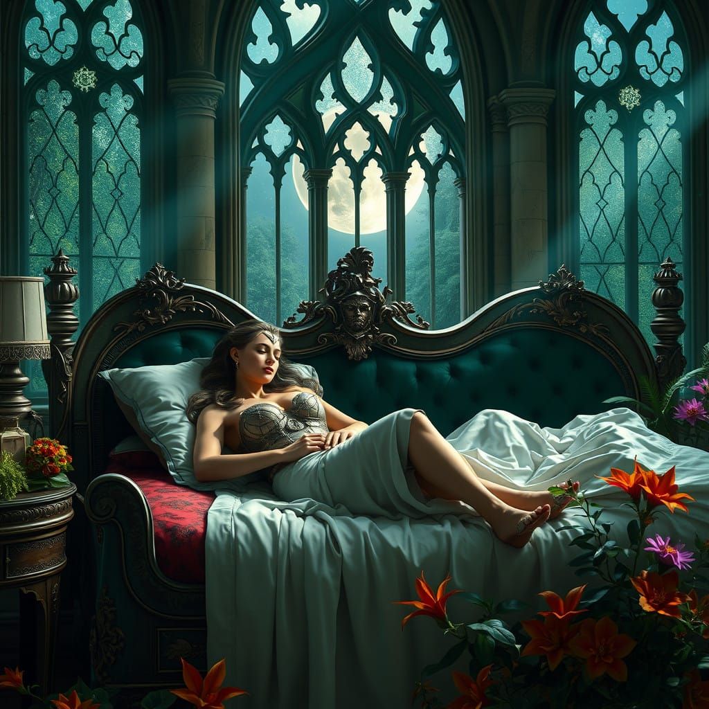 Surreal Medieval Goddess Slumbers Beside Enchantress in Velv...