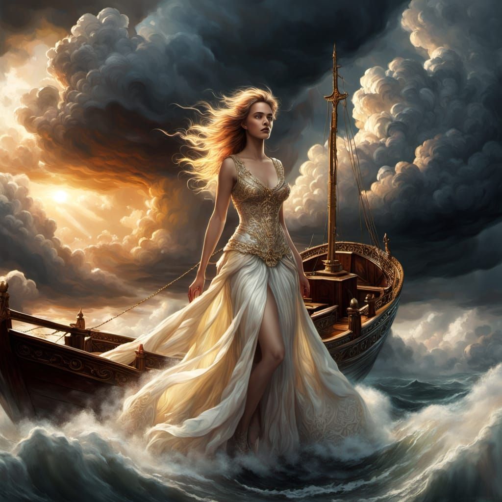 Woman on Ornate Boat Sailing Through Clouds in Epic Fantasy ...