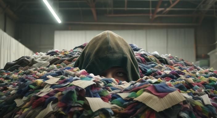 Boy Amidst a Vibrant Heap of Rags in Cinematic 35mm Film