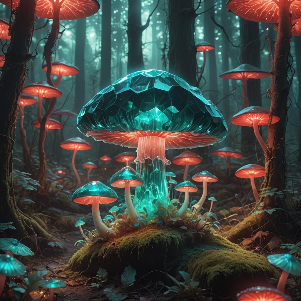 Glowing Emerald Crystal Mushroom in Ethereal Forest
