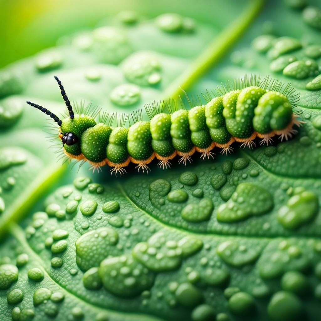 Hyperrealistic Caterpillar Colony Crawling on Leaf