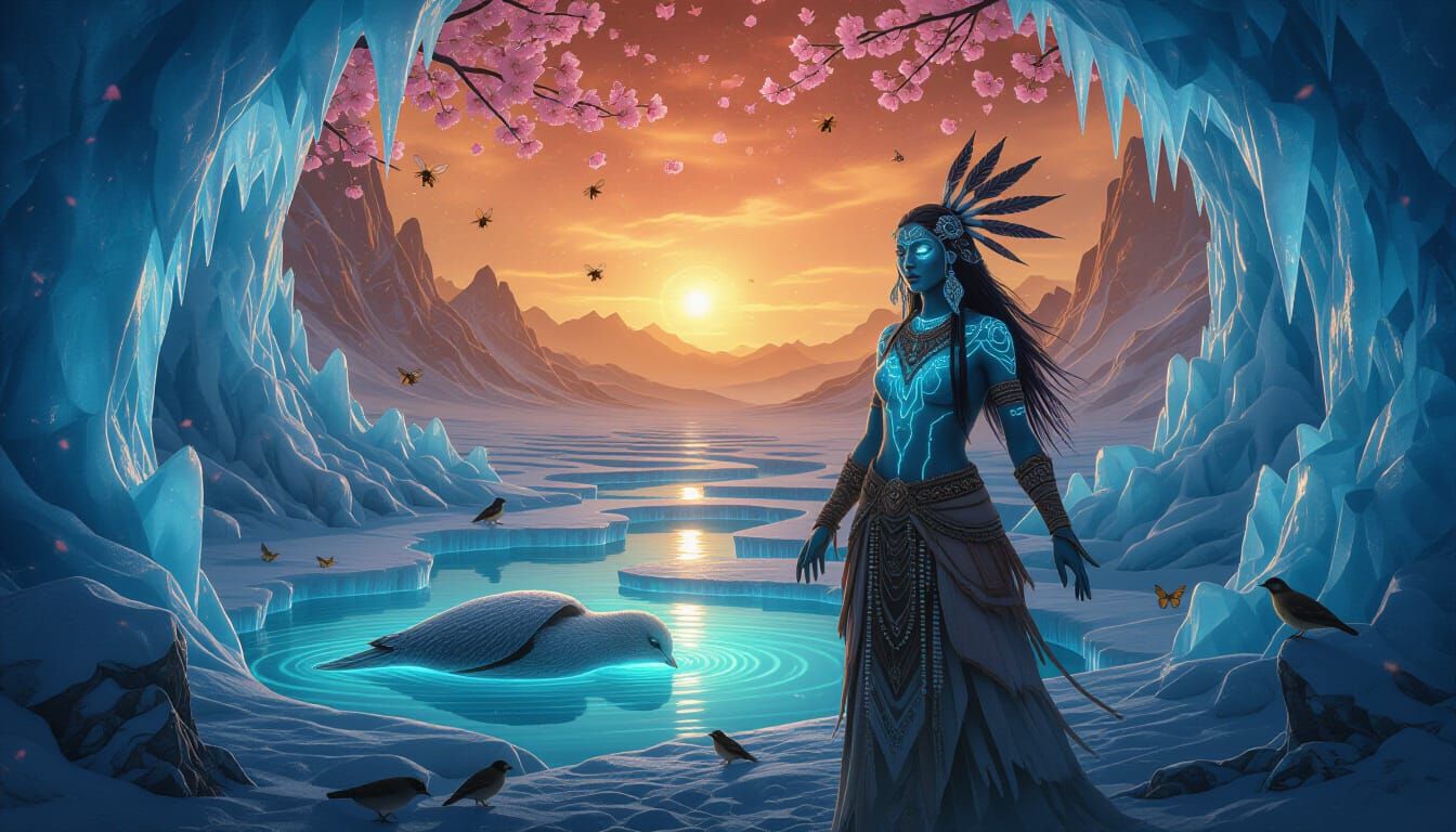 Shaman in Bioluminescent Oasis with Cosmic Energy