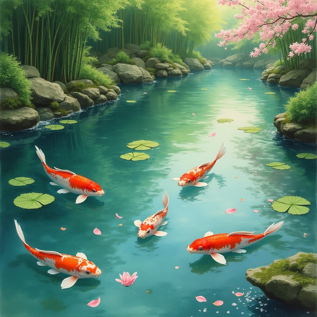 Tranquil Koi Pond in Watercolor Style