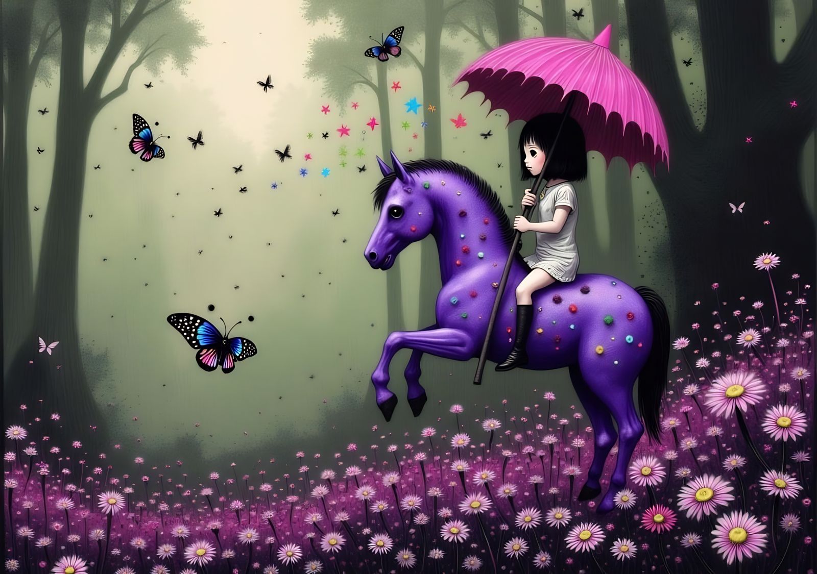 Enchanted Forest Carousel Horse with Butterflies