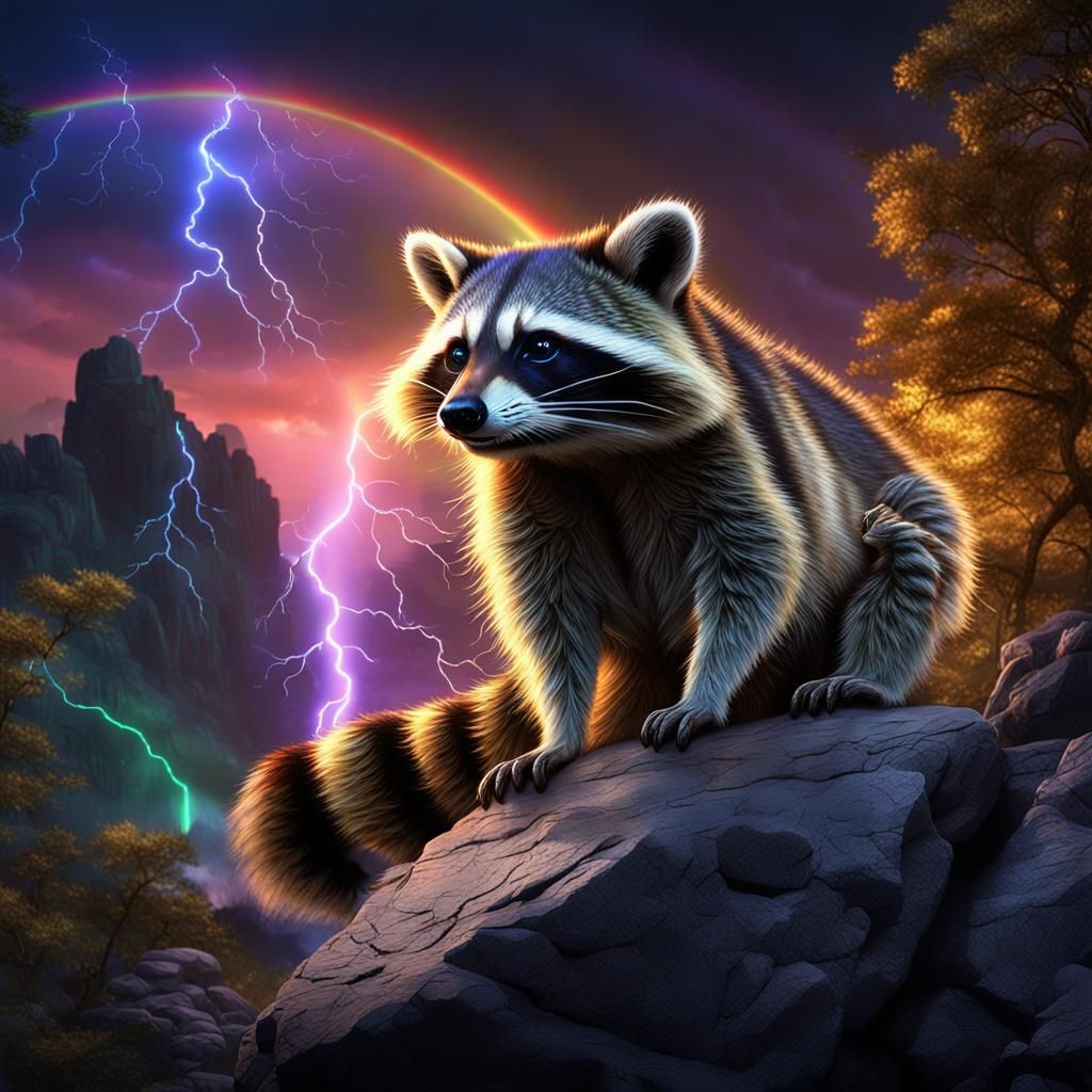 Raccoon Under Rainbow Lightning: Fantasy Concept Art