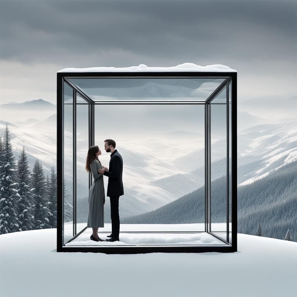 Couple Separated by Glass on Snowy Mountain
