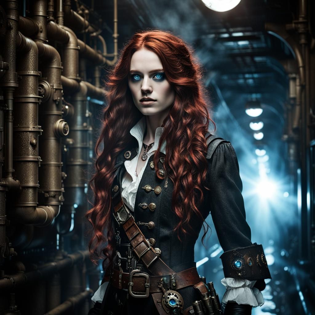 Steampunk Pirate Woman in Futuristic Hallway