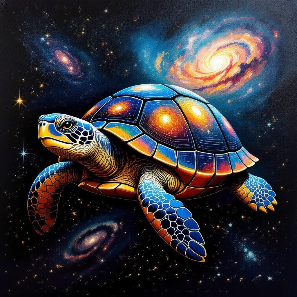 Cosmic Turtle Drifting Through Space as Impasto Painting