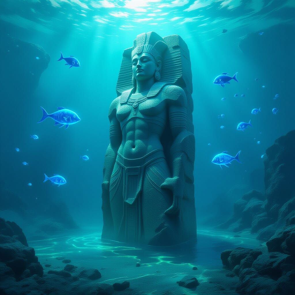 Ancient Stone Statue in Glowing Alien Ocean