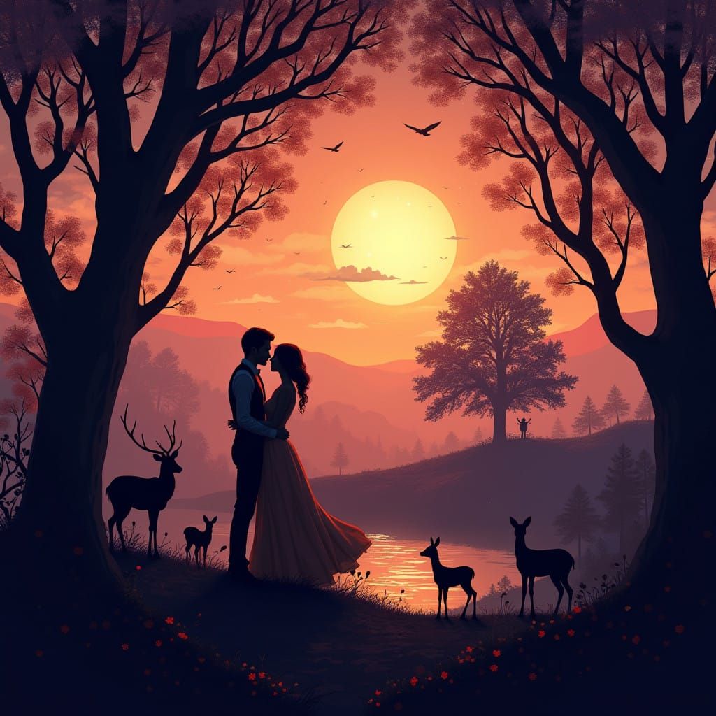 Elegant Couple Embracing at Sunset in a Whimsical Forest
