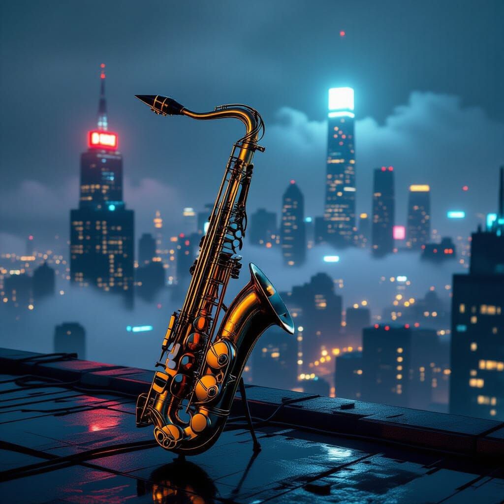 Chrome Saxophone Over Cyberpunk Cityscape in Noir Style