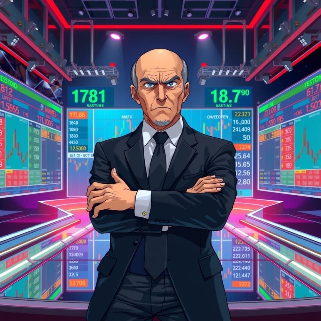 Confident Businessman Frustrated by Stock Market Ticker