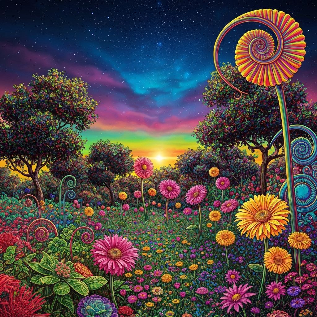 Psychedelic Garden Under Starry Sky