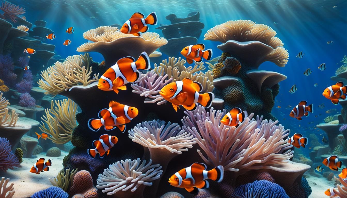 A School of Clownfish Exploring a Coral Reef
