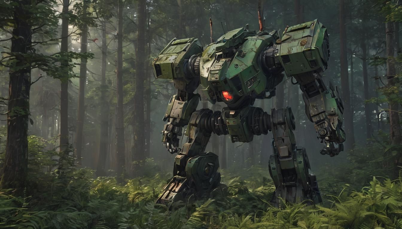 Abandoned Mecha in Overgrown Forest, Hyperrealistic Style