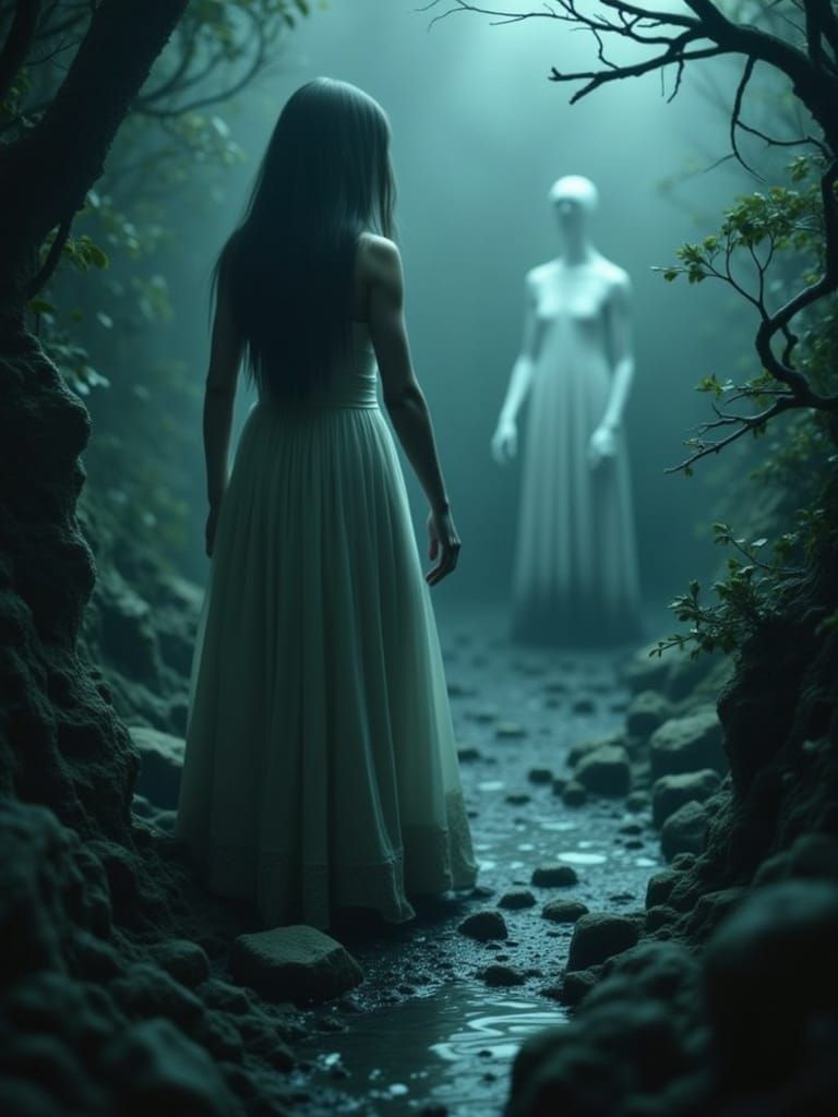 Surreal Ghostly Encounter in a Haunting Dark Fantasy World