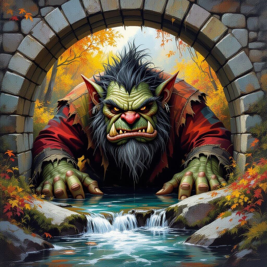 Frightening Troll Under Bridge in Oil Painting Style