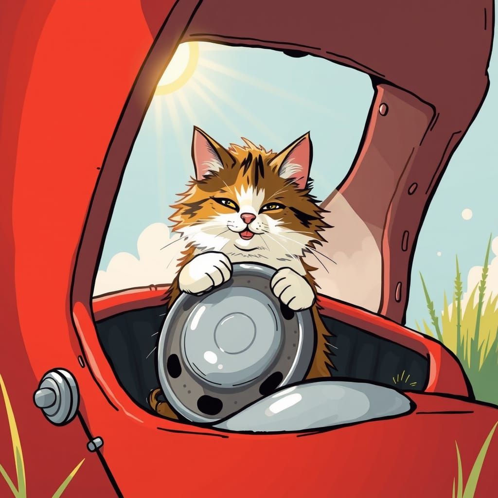 Fluffy Cat Feasts on Hubcap in Rusty 1950s Car