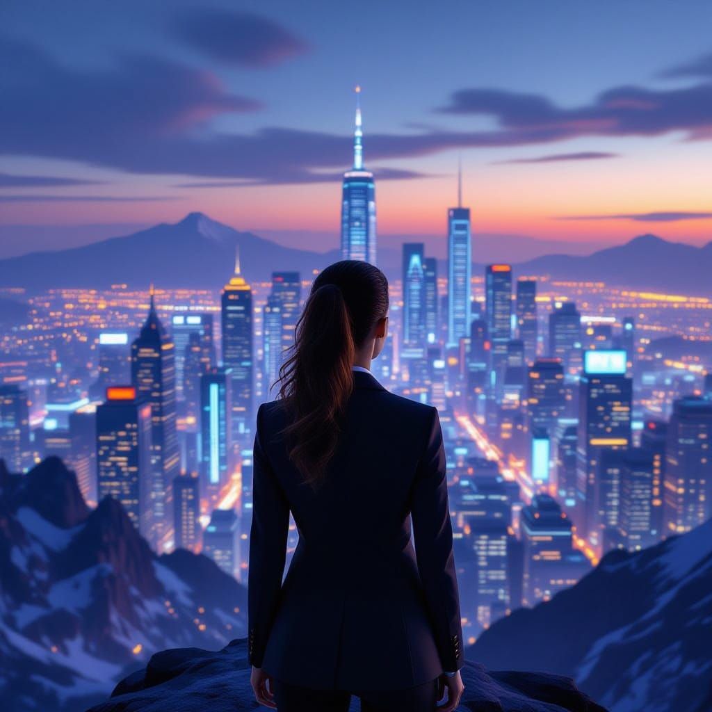 Woman on Mountain Peak Overlooking Digital Cityscape
