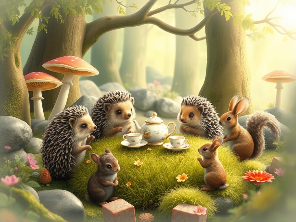 Woodland Whimsy Tea Party Scene in Watercolor Style