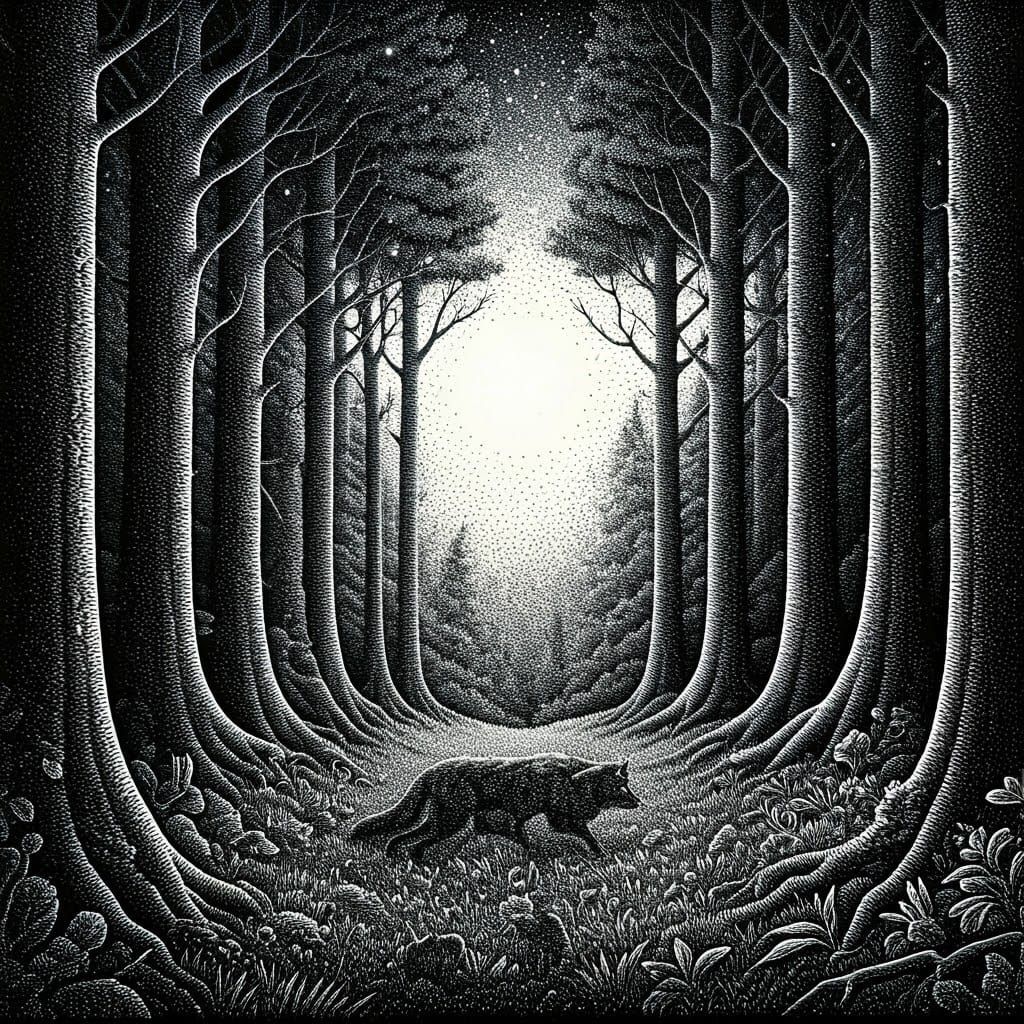 Wolf Hunt in Mystical Forest: Stippling Art