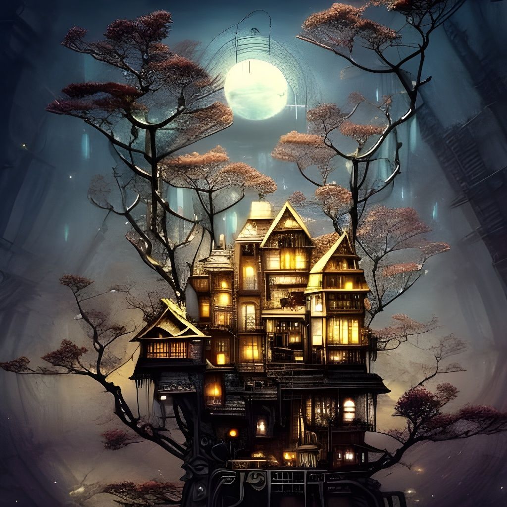 Clockpunk Moon Village in Bonsai Tree