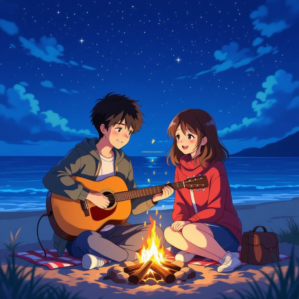 Anime Couple by Campfire on Beach at Night