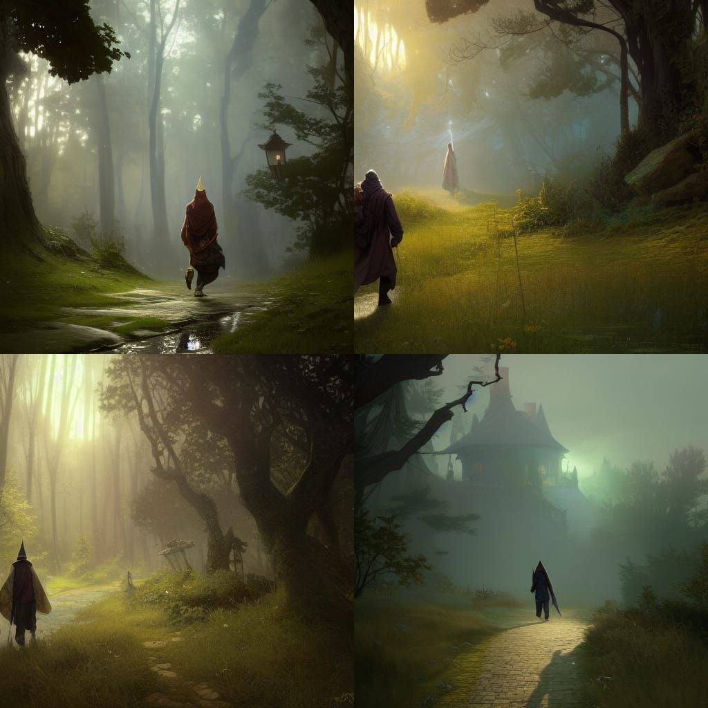 Fantasy Wizard Walks to Cottage in Forest