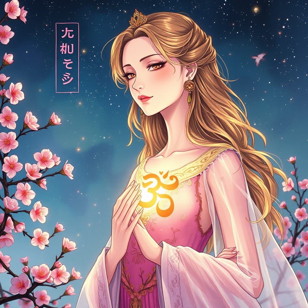 Ethereal Anime Goddess with Starlight Gown and Sakura Blosso...