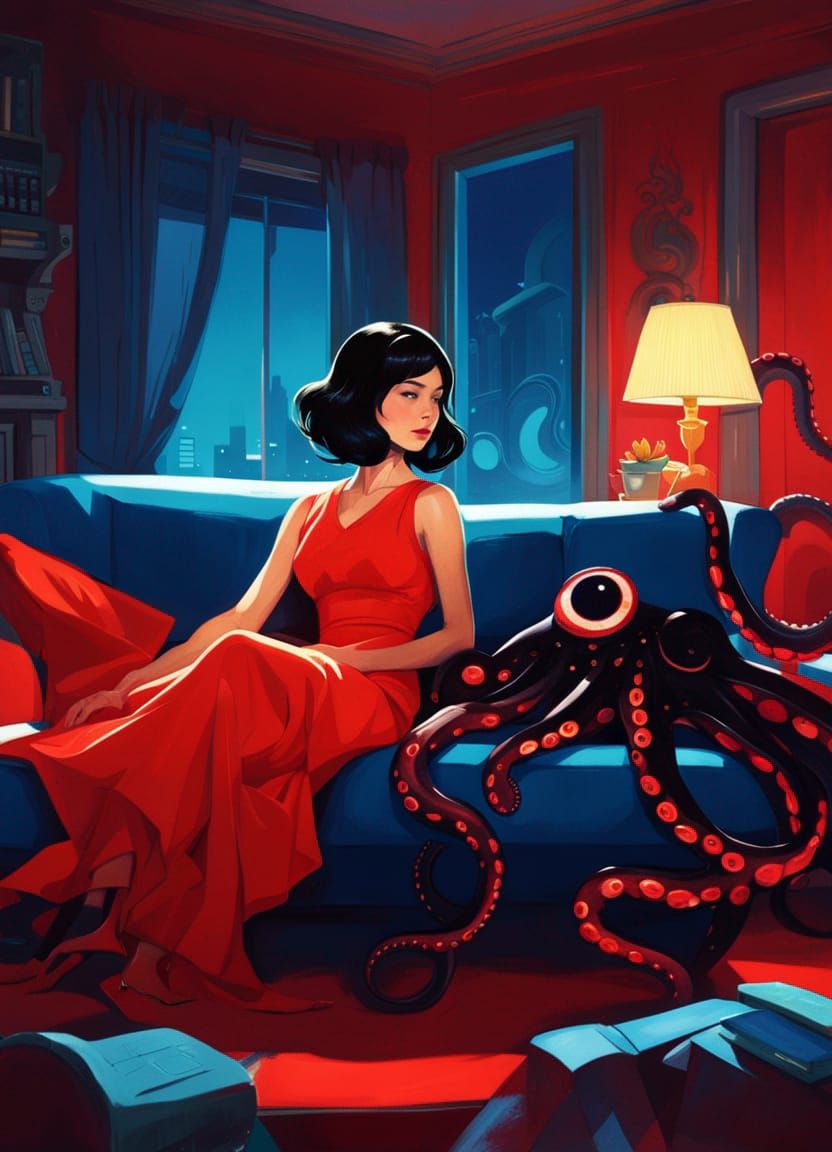 Woman with Octopus in Living Room, Digital Art