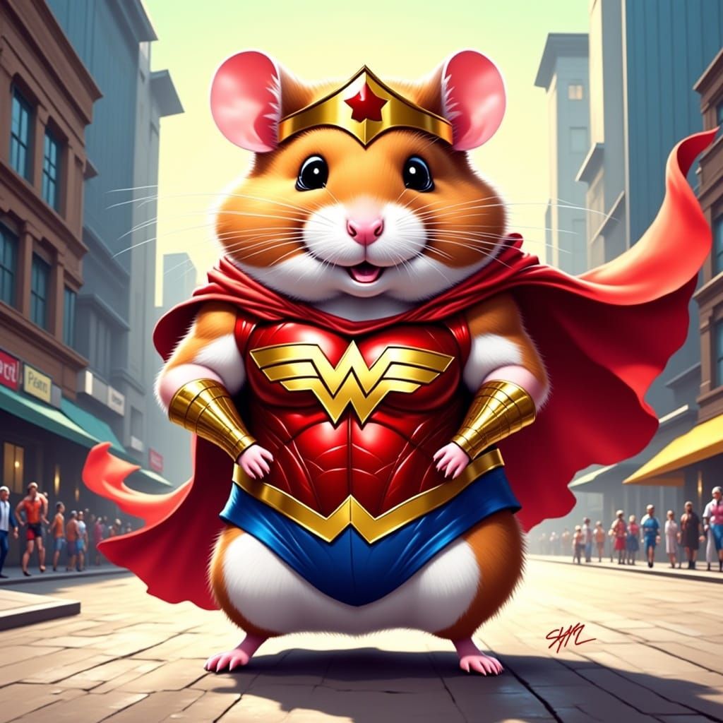 Hamster as Wonder Woman in Comic Book Style