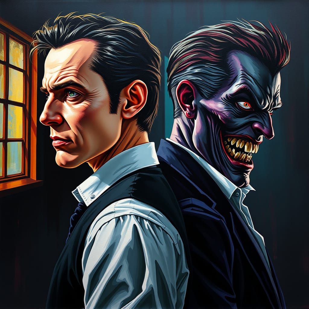 Surreal Comic Art Depiction of Dr. Jekyll and Mr. Hyde