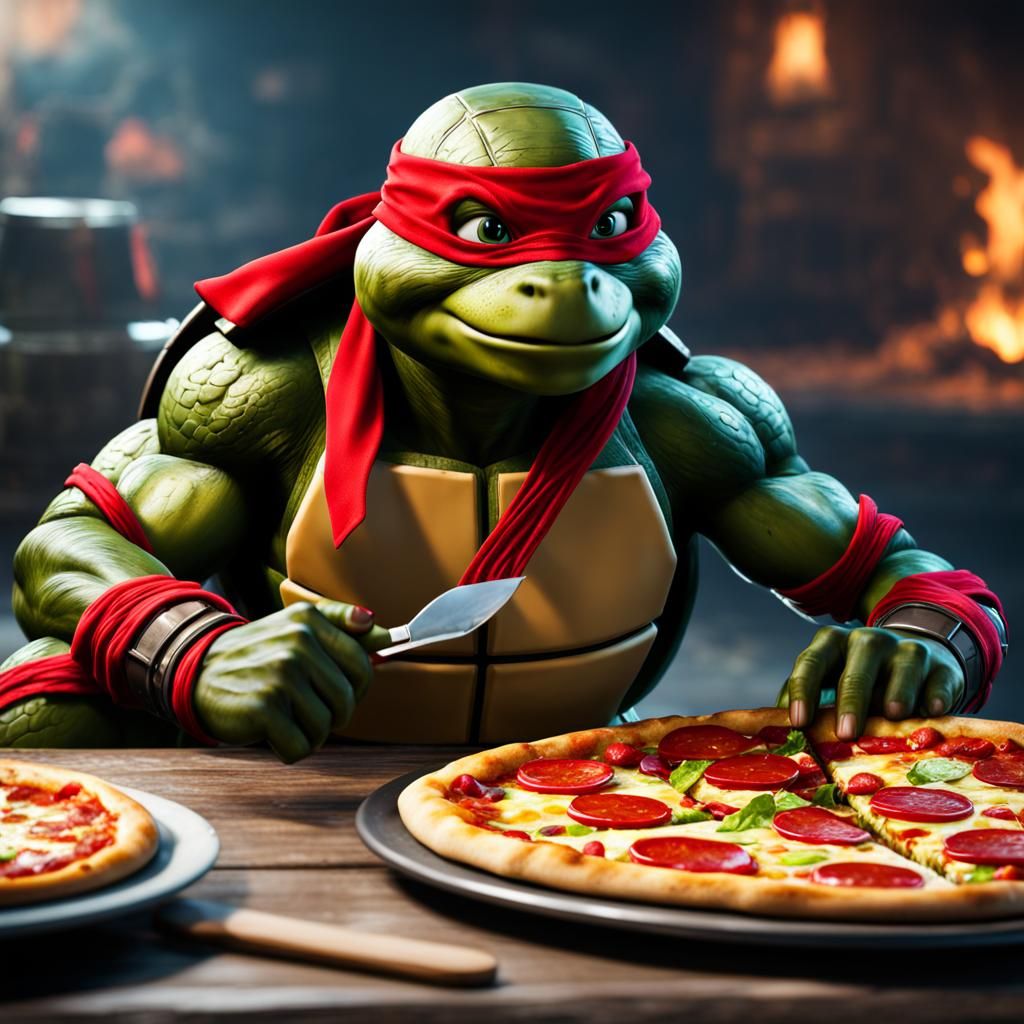 teenage mutant ninja turtle with red bandana eating pizza