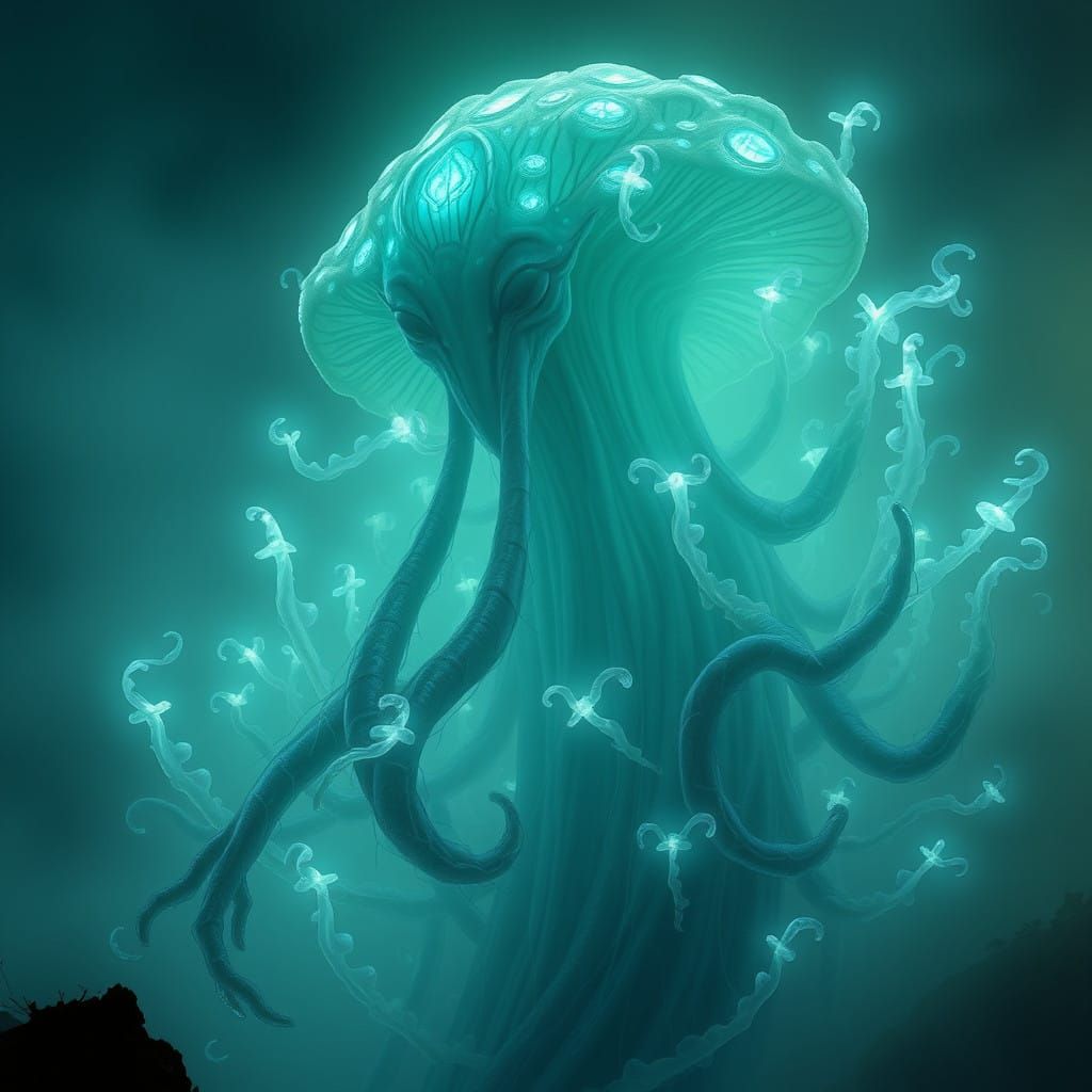 Ethereal Fungal Entity Radiates Soft, Blue-Green Luminescenc...