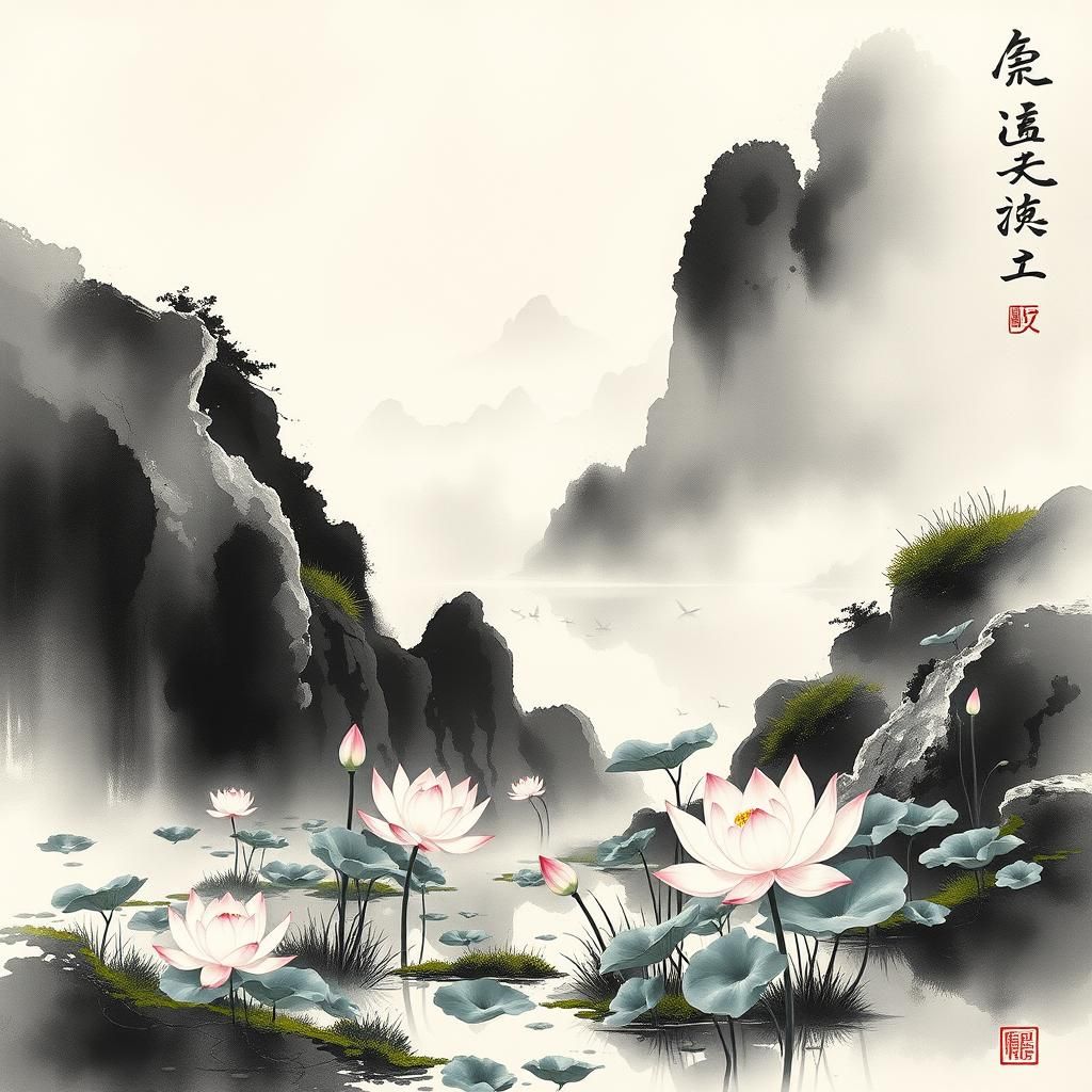 Lotus Flowers in Misty Landscape, Chinese Ink Wash Painting