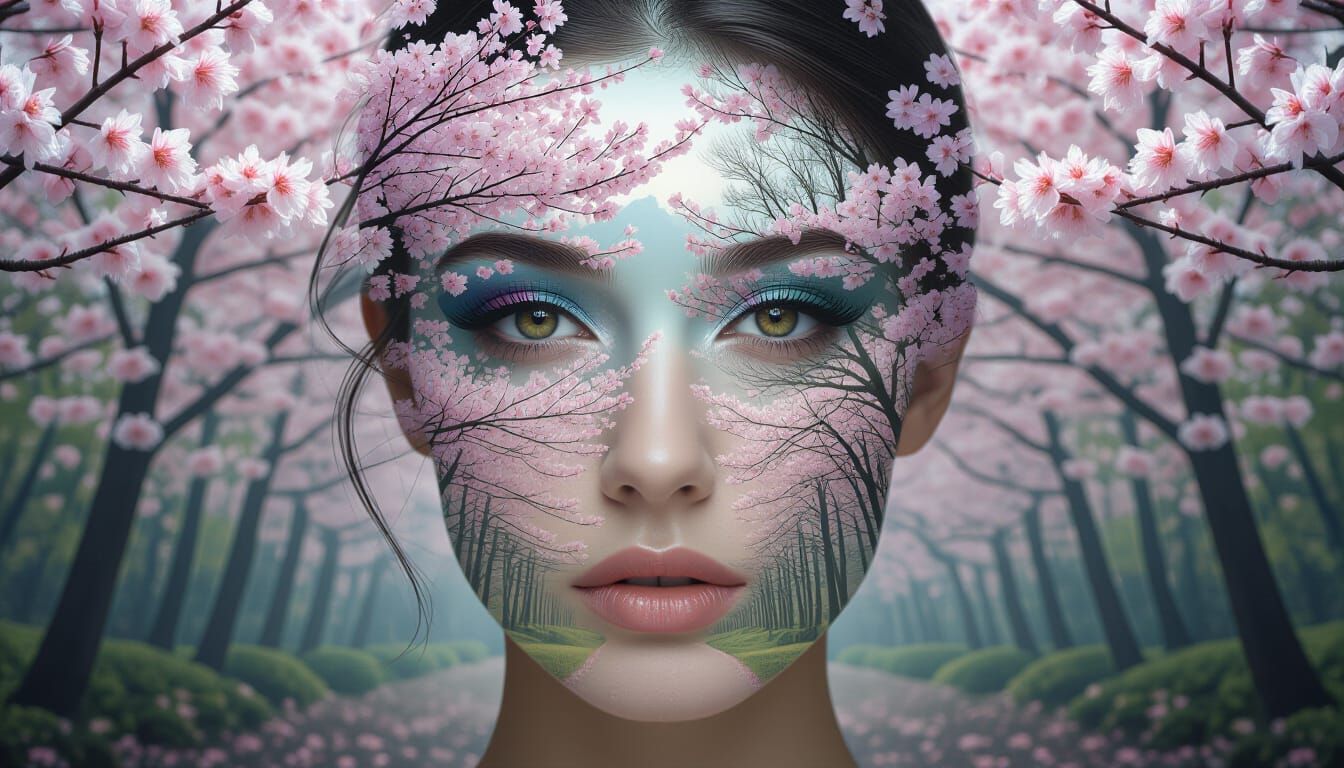 Surreal Face Merged With Cherry Blossom Forest