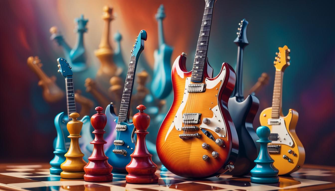 Chess Game with Guitar Pieces: Hyperrealistic Splash Art
