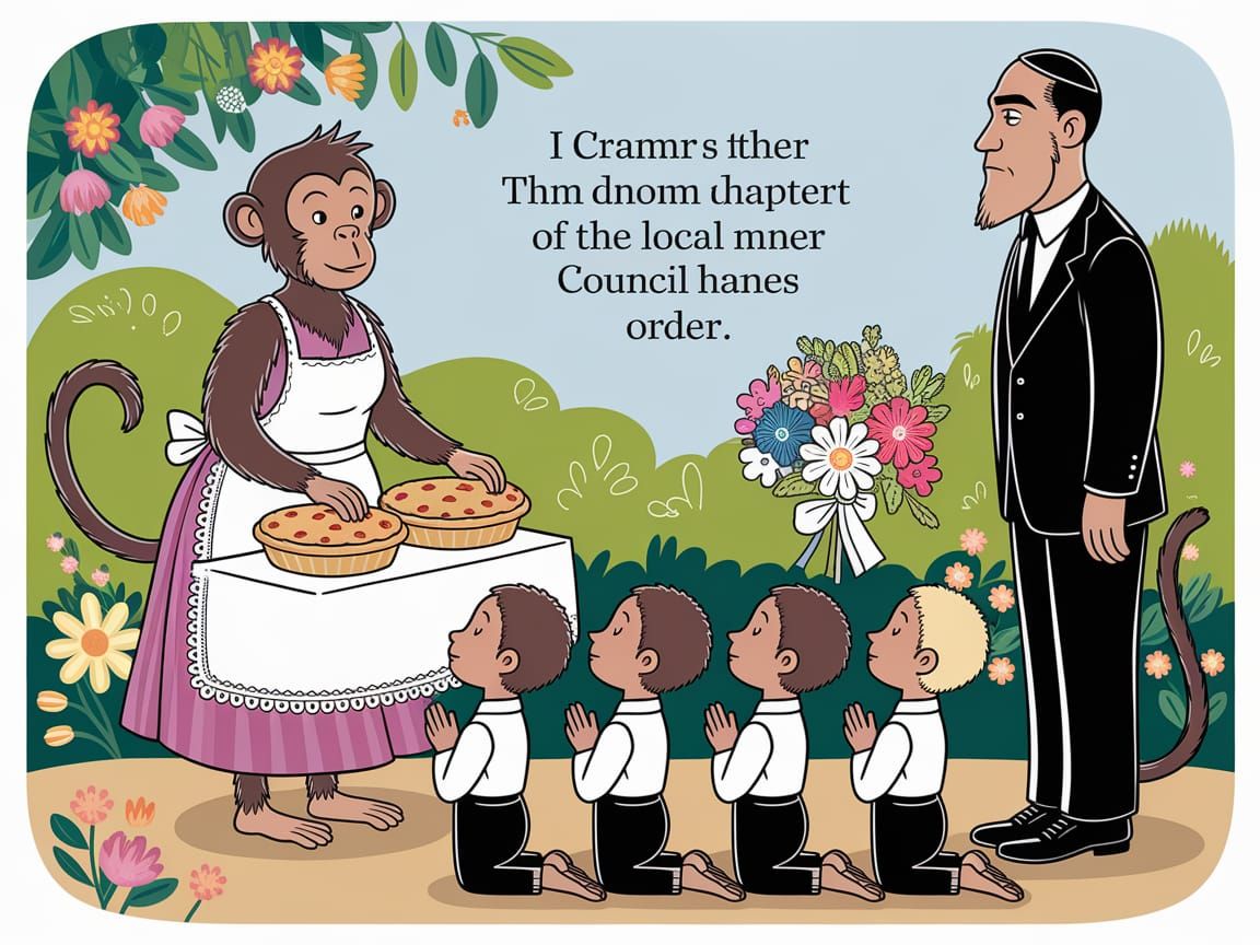 Cartoon Monkey Family Baking Pies in Zoo Enclosure