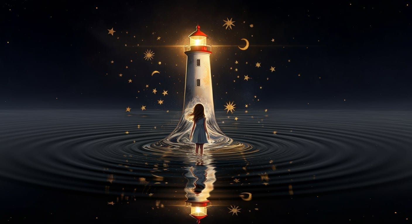 Lighthouse in Wave of Embossed Gold Stars