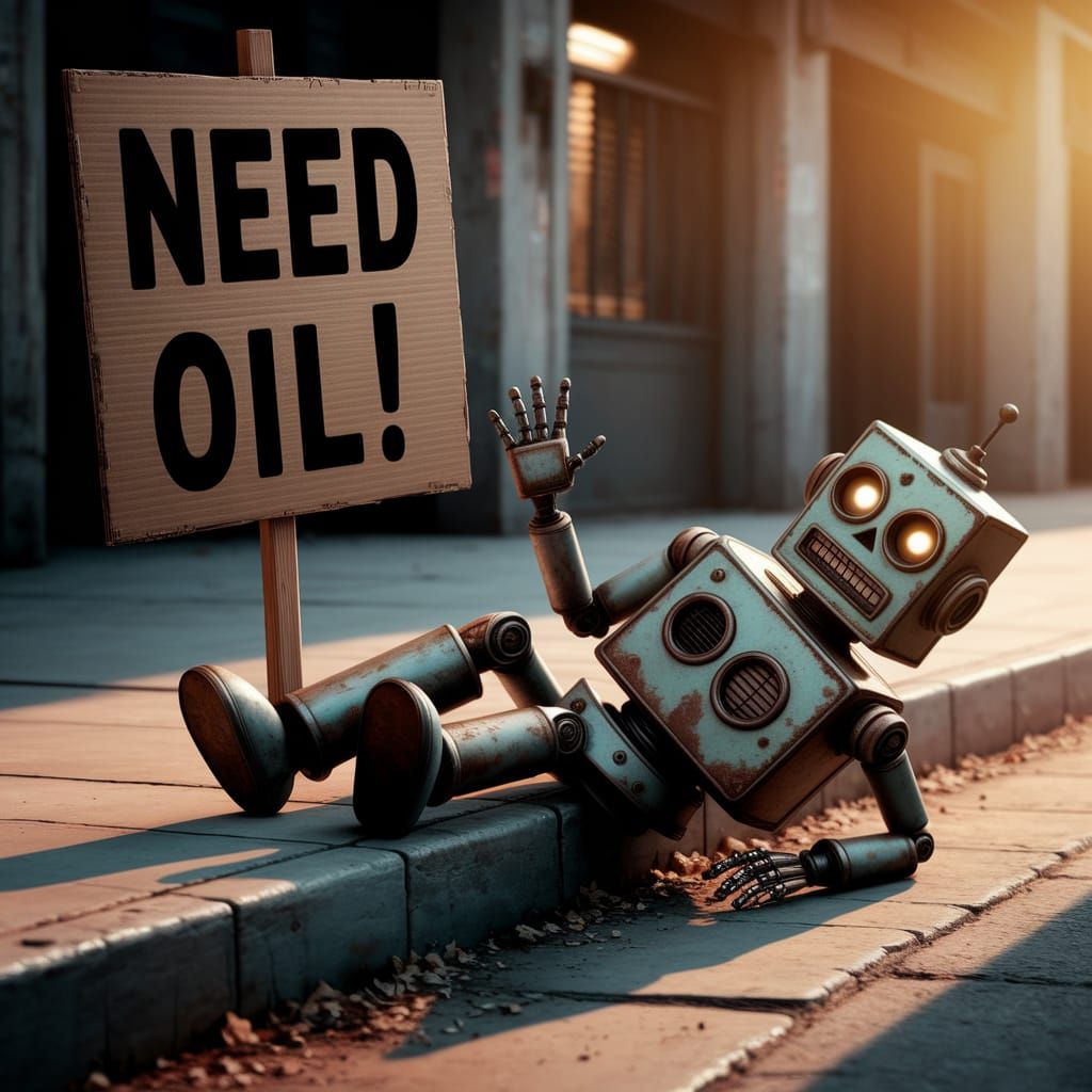 Rusty Robot Begs for Oil on City Street