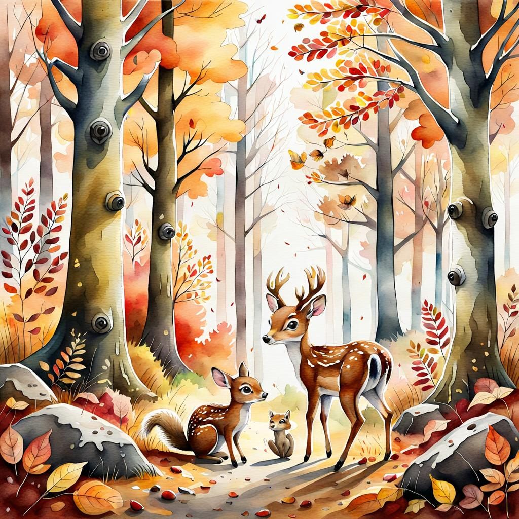 Watercolor Deer and Squirrel Meet in Autumn