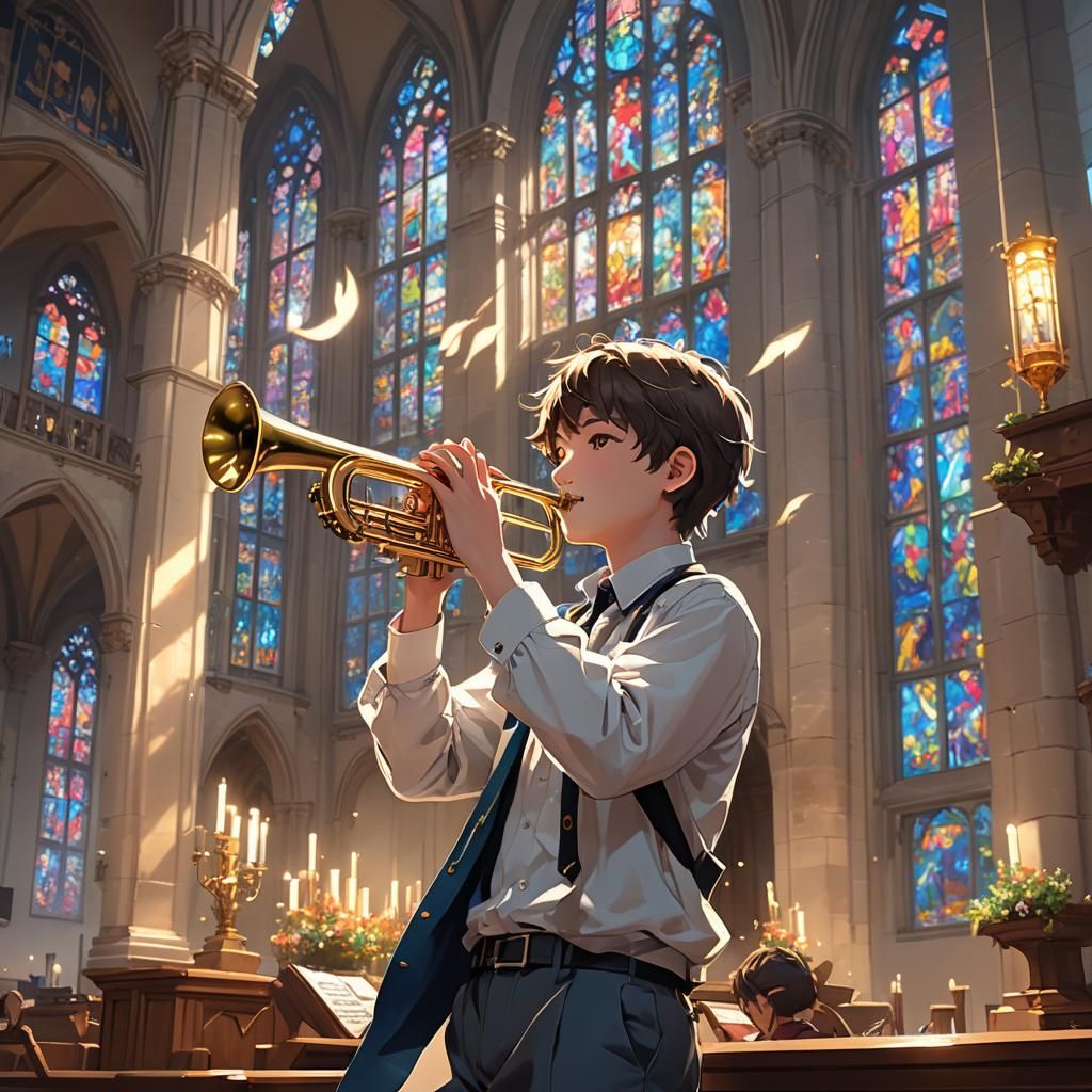 Boy Trumpet Player in Anime Church
