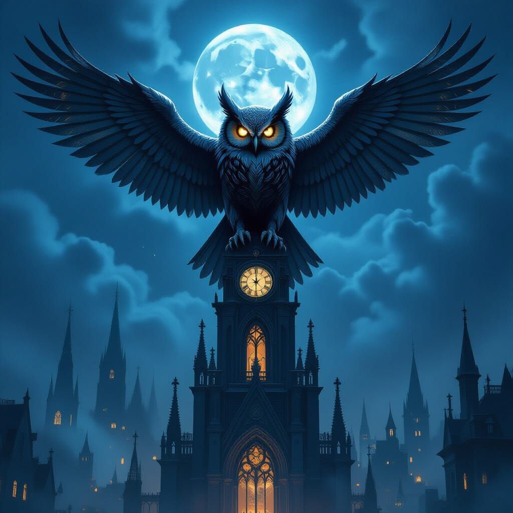 Clockwork Owl on Gothic Spire in Stormy Moonlight